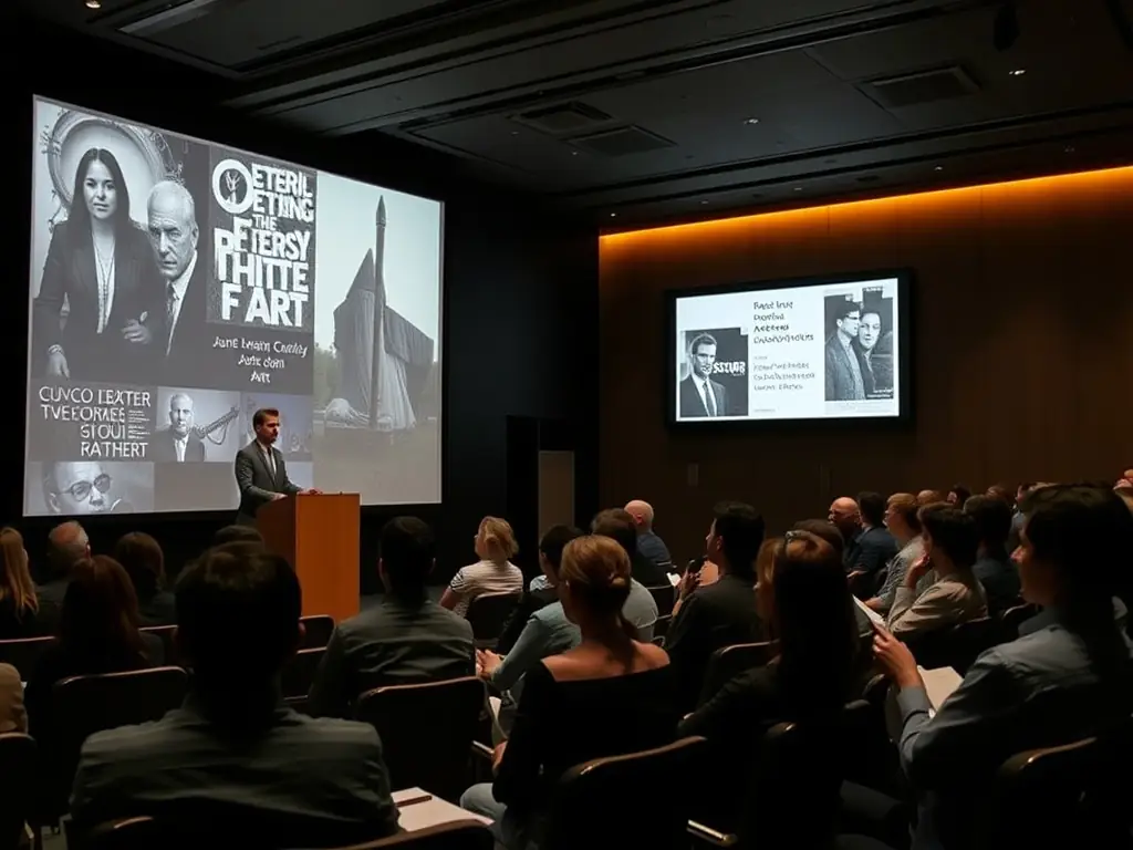 A scene from a COBRART-hosted art conference, with speakers presenting on contemporary art topics and attendees actively participating in discussions.