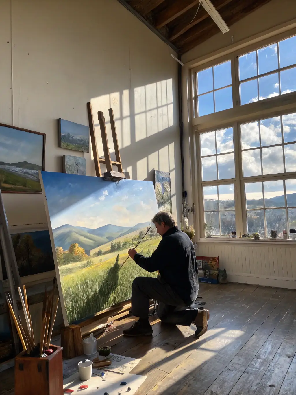 A serene image of an artist working diligently in their studio during a COBRART residency program, highlighting the focus and creative atmosphere.