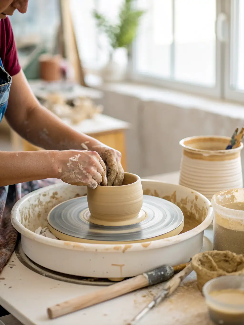 A vibrant photograph capturing participants deeply engaged in a pottery workshop at COBRART, showcasing hands-on learning and creative expression.