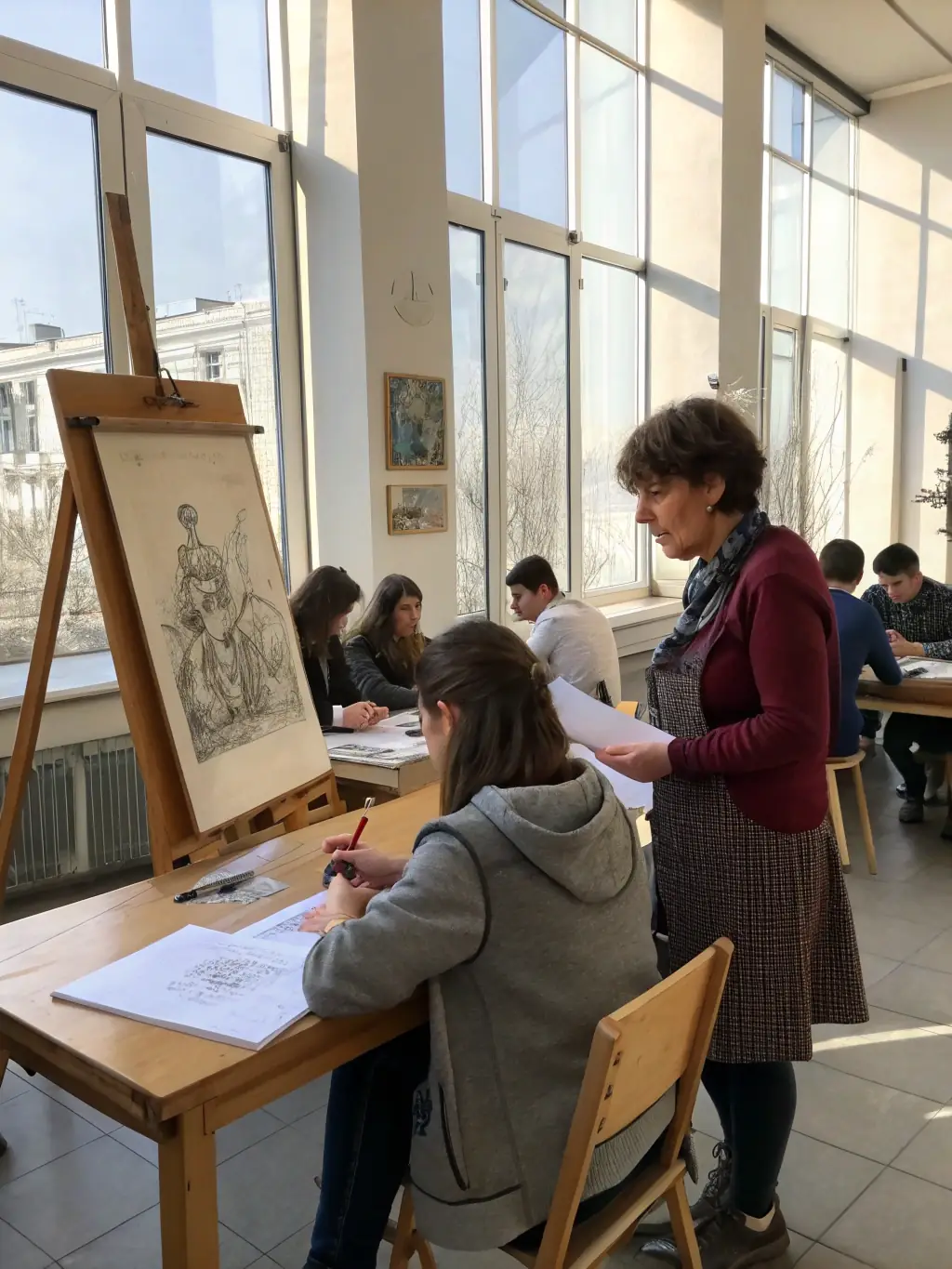 A group of students attentively listening to an instructor during an art education program at COBRART, emphasizing learning and engagement.