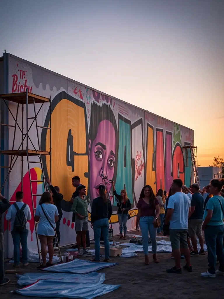 A dynamic photo of a community art event organized by COBRART, showing people of all ages participating in a collaborative art project.
