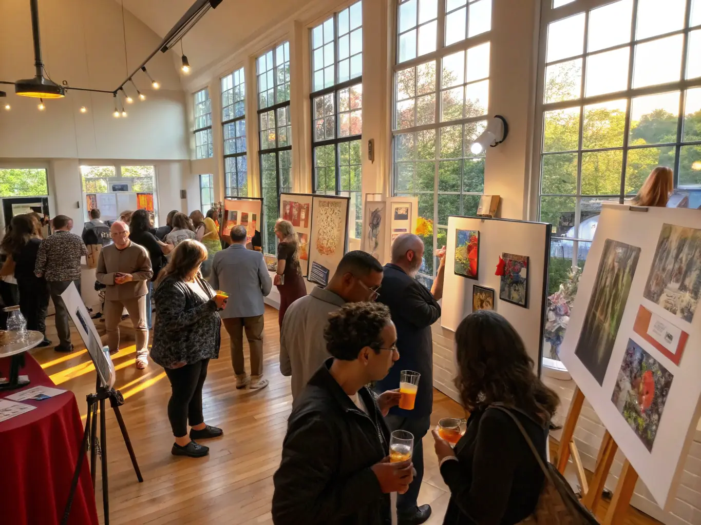 A photograph capturing the opening night of an art exhibition at COBRART, showcasing a diverse collection of contemporary artworks and attendees engaging in conversation.