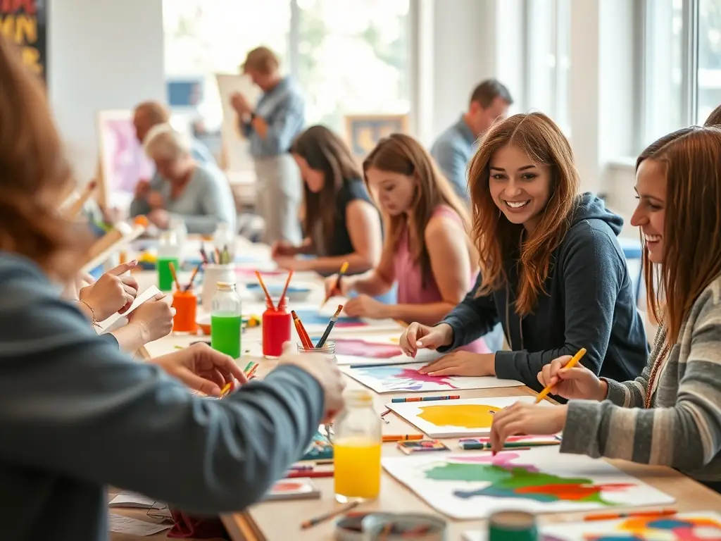 A dynamic workshop session at COBRART, featuring artists actively participating in a hands-on art-making activity, guided by an experienced instructor.
